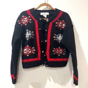 Vtg Holiday Cardigan Sweater Handmade 100% Wool Medium Christmas Cottagecore